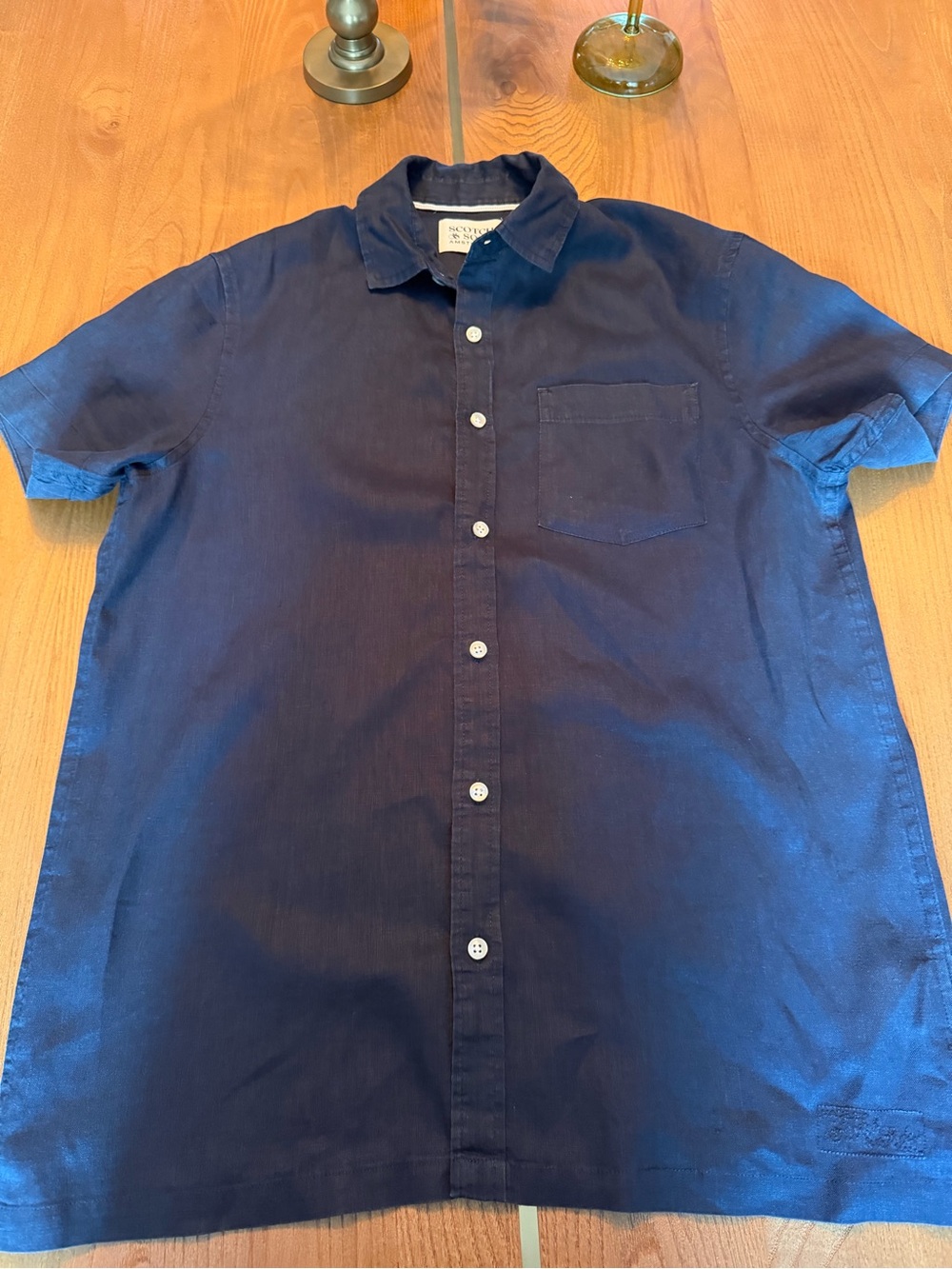 Scotch & Soda Men's Navy Blue Short-Sleeve Linen Button-Up Shirt size Medium